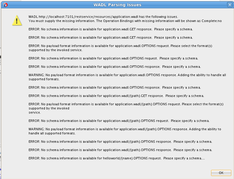 There were some warings after parsing the WADL. Nothing fatal. Mostly request/response message definitions missing.