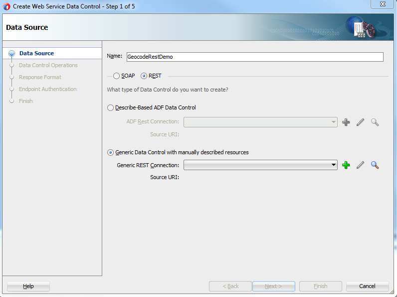 2. Creating Web Service Data Control wizard, step 1 of 5