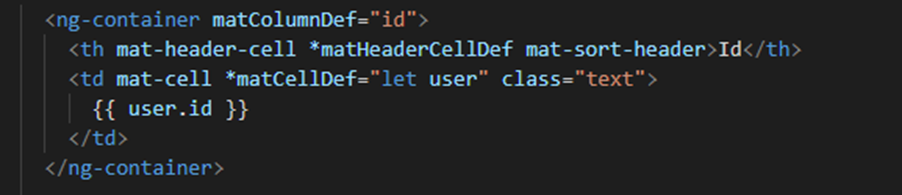HTML snippet of a column with a default mat-sort-header