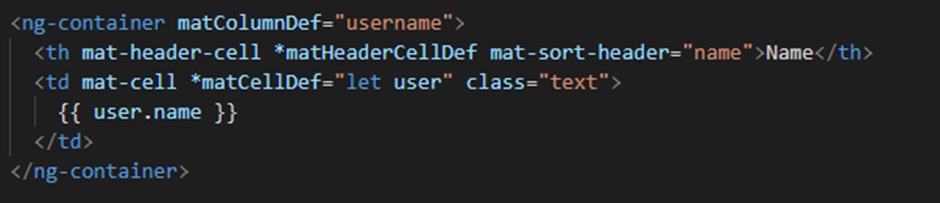 HTML snippet of a column with a mat-sort-header with a value different from the column id