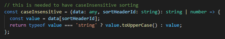 TypeScript snippet of a custom sortingDataAccessor for case insensitive sorting