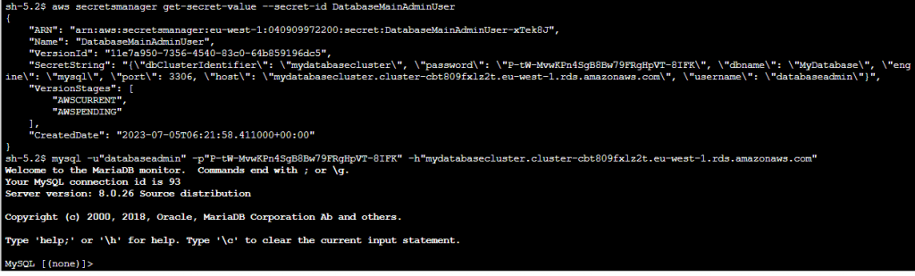 Get password from secrets manager, login in the database with that password.